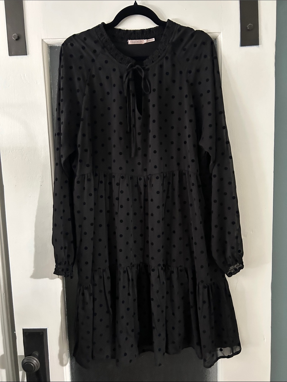 Black Polka Dot Tie-Neck Tiered Dress -